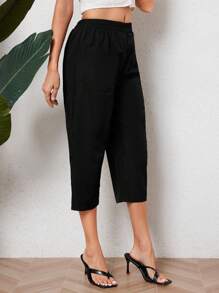 INAWLY Pantalones de mujer y pantalones capri casuales con cintura elástica, bolsillos dobles y corte afinado, pantalones acortados para primavera y otoño - Negro - Ver 6