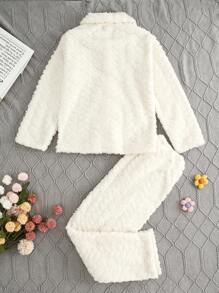 2pcs/Set Tween Girl Simple & Fashionable Plush White Solid Color Long Pants & Cardigan Homewear Set, Autumn/Winter - White - View 2