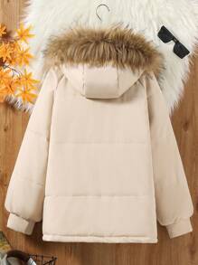 Teen Girl Hooded Fluffy Collar Casual Padded Padded Coat, Winter - Beige - View 2