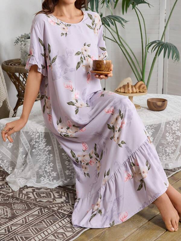 Serenescape Cămașă de noapte lungă cu imprimeu floral și tiv cu volane, Babydoll, lenjerie de casă luxoasă, pentru vacanță