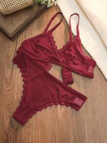 Conjunto de lencería de sujetador y bragas de unicolor con borde de encaje para mujer - Rojo - Ver 6