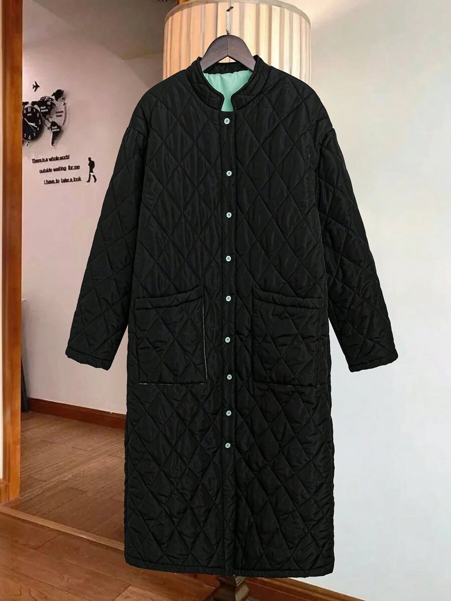 SHEIN Unity 女士休闲拼布口袋单排扣长款绗缝加厚棉服外套冬季 - 黑色 - 查看 1