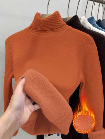 Franclia Women's Solid Color Turtleneck Long Sleeve Fleece Casual Sweater For Autumn And Winter,Long Sleeve Tops Knit Pullover Fall Outfit