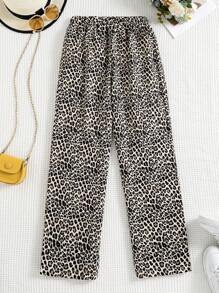 SHEIN 1 件 Tween Girl 豹纹阔腿休闲裤，秋冬 - 彩色 - 查看 2