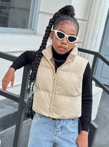 SHEIN Tween Girls Casual Stand Collar Sleeveless Padded Vest Jacket, Autumn Winter - Apricot - View 5