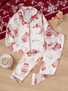 SHEIN Kleine Mädchen Set aus Langarm Schlafanzug mit Lebkuchenmann- und Zuckerstangen Muster, Familien Weihnachts Schlafanzüge passend für Herbst & Winter - Rot-Weiß - Übersicht 3