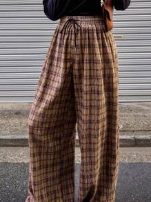 FRIFUL 女式休闲褶皱纹理格子抽绳腰阔腿裤