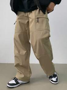 DAZY Pantalones rectos casuales sueltos con diseño de cremallera de unicolor para hombre, otoño