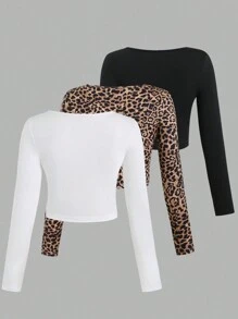 Sweetra Set de 3 blusas de manga larga de ajuste slim talla grande para mujer con estampado gráfico de leopardo, blusas para mujer en primavera