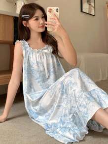 DAZY Landscape Sketch Pattern Ruffle Hem Cami Nightgown - Blue - View 6