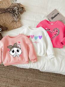 SHEIN 3 Stück herzförmige Muster Baby Mädchen Lässig einfach dicke thermisch gefütterte Langarm Sweatshirts in Weiß, Rosa, Burgunderrot, geeignet für Herbst und Winter