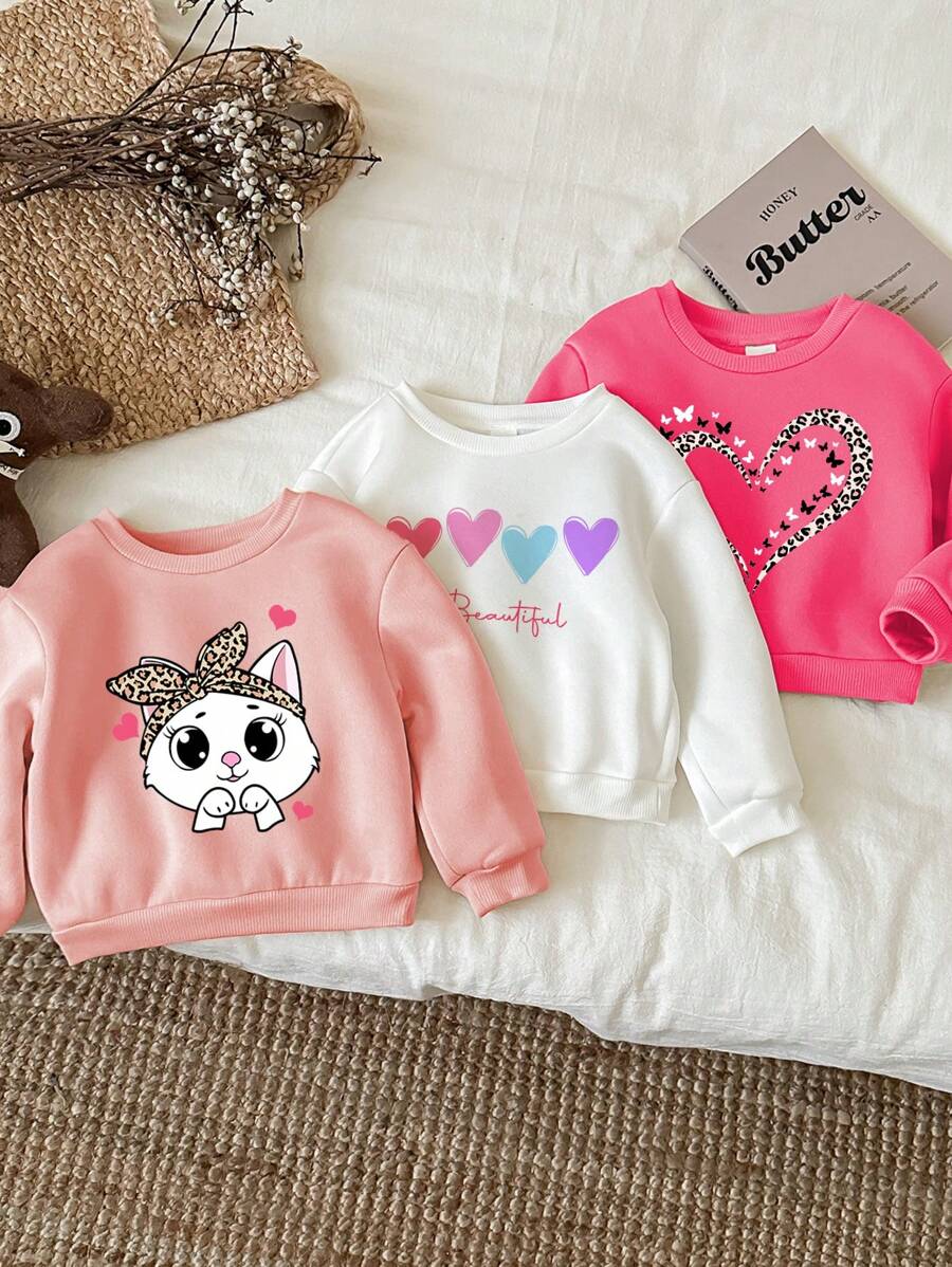 SHEIN 3 Stück herzförmige Muster Baby Mädchen Lässig einfach dicke thermisch gefütterte Langarm Sweatshirts in Weiß, Rosa, Burgunderrot, geeignet für Herbst und Winter