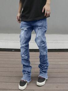 Manfinity LEGND Men's Street Style Ripped Raw Edge Jeans - Medium Wash - View 5