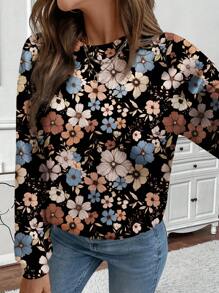 SHEIN LUNE Casual Oversized Black Floral Print Crew Neck Long Sleeve Sweatshirt For Women, Suitable For Autumn