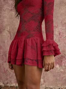 COSMINA Women's Casual Sexy Double Layered Skirt Three-Layered Cuff Ruffle Hollow Out See-Through Rose Lace Mini Dress