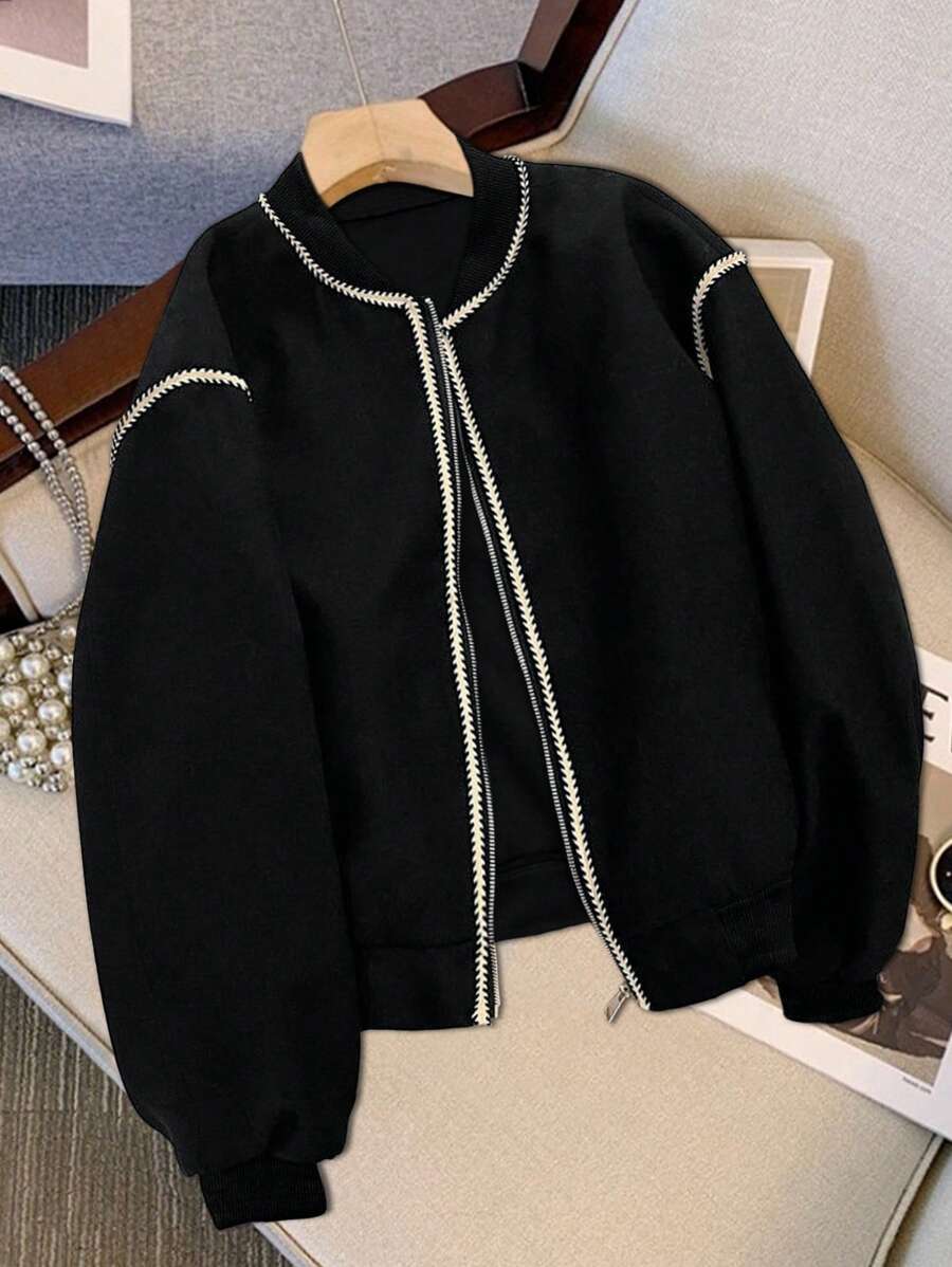 Chiquease Autumn Casual Retro Contrast Trim Zip-Up Loose Drop Shoulder Jacket - Black - View 1