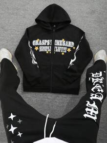 PAVTROS Sudadera con capucha de manga larga con cremallera delantera y diseño de letras sencillo, uso casual para todos los días para hombres - Negro - Ver 1