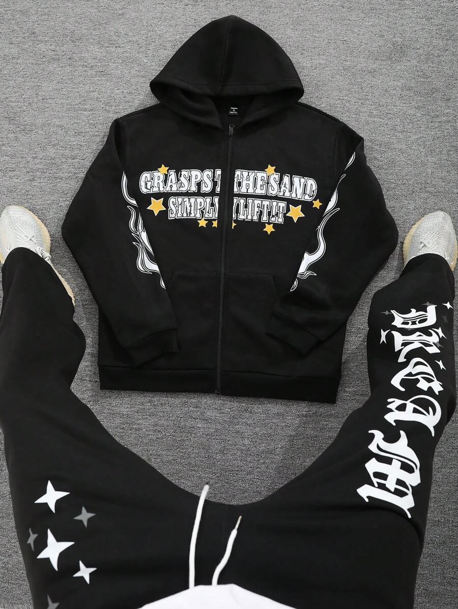 PAVTROS Sudadera con capucha de manga larga con cremallera delantera y diseño de letras sencillo, uso casual para todos los días para hombres - Negro - Ver 1