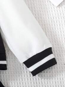 SHEIN New Fashion Autumn/Spring 4-7 Years Old Girls Young Girl Casual Preppy 2pcs Outfit, Black Knitted Ribbed Long Sleeve Jacket With Racecar Girl Graphic Print Back, Colorblock Cardigan And Black Pleated Skirt