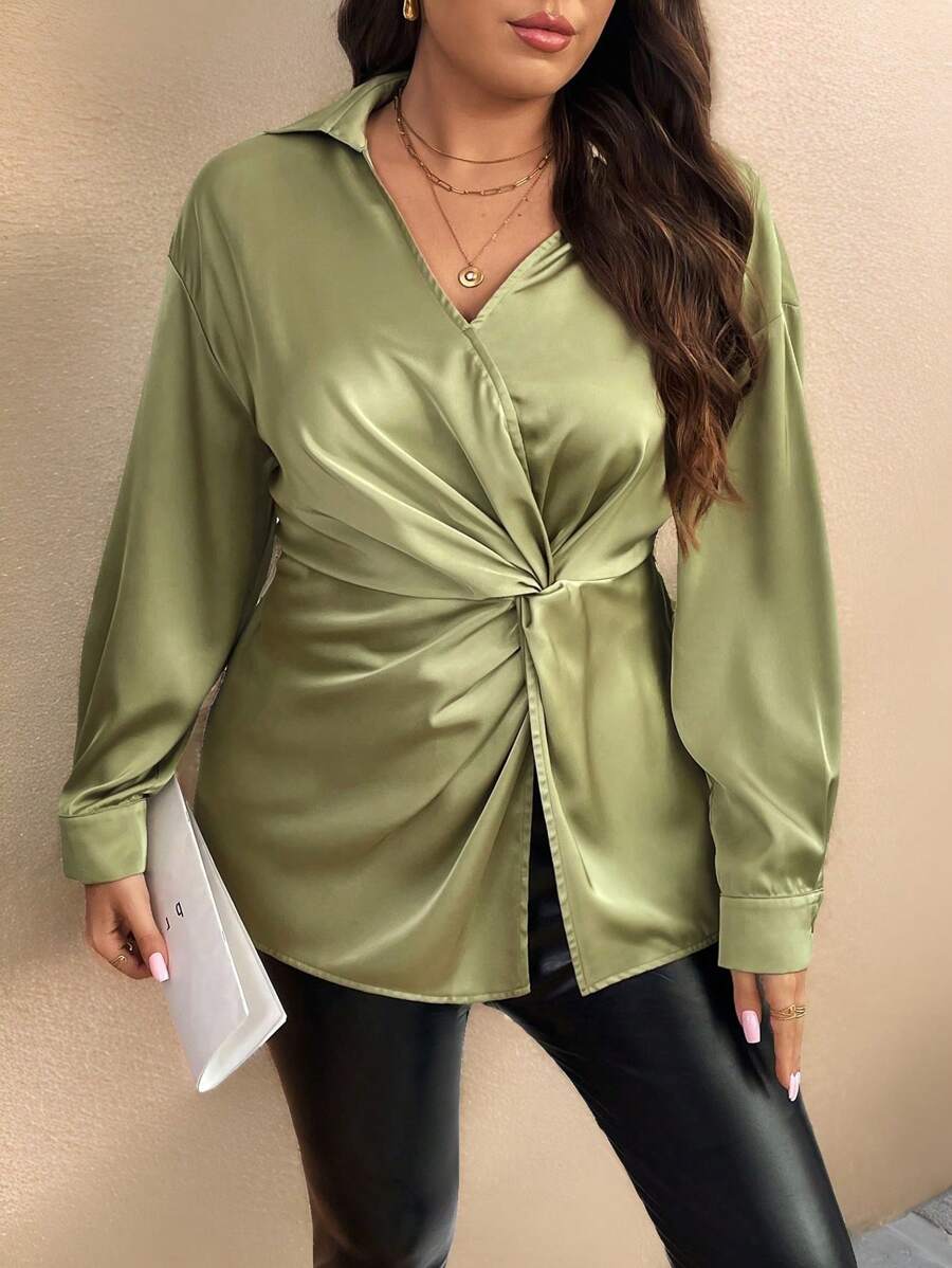 SHEIN Unity Plus Size Solid Satin Asymmetrical Twist Detail Blouse - Green - View 1