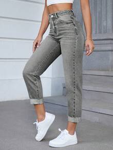 SHEIN Essnce Quần jean denim nữ cỡ lớn có túi và cúc, kiểu dáng thường ngày, thích hợp mặc hàng ngày. - Màu Xám nhạt - Xem 4