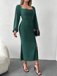 SHEIN Cottnline Lantern Sleeve Square Neck Tie Back Dress - Dark Green - View 4