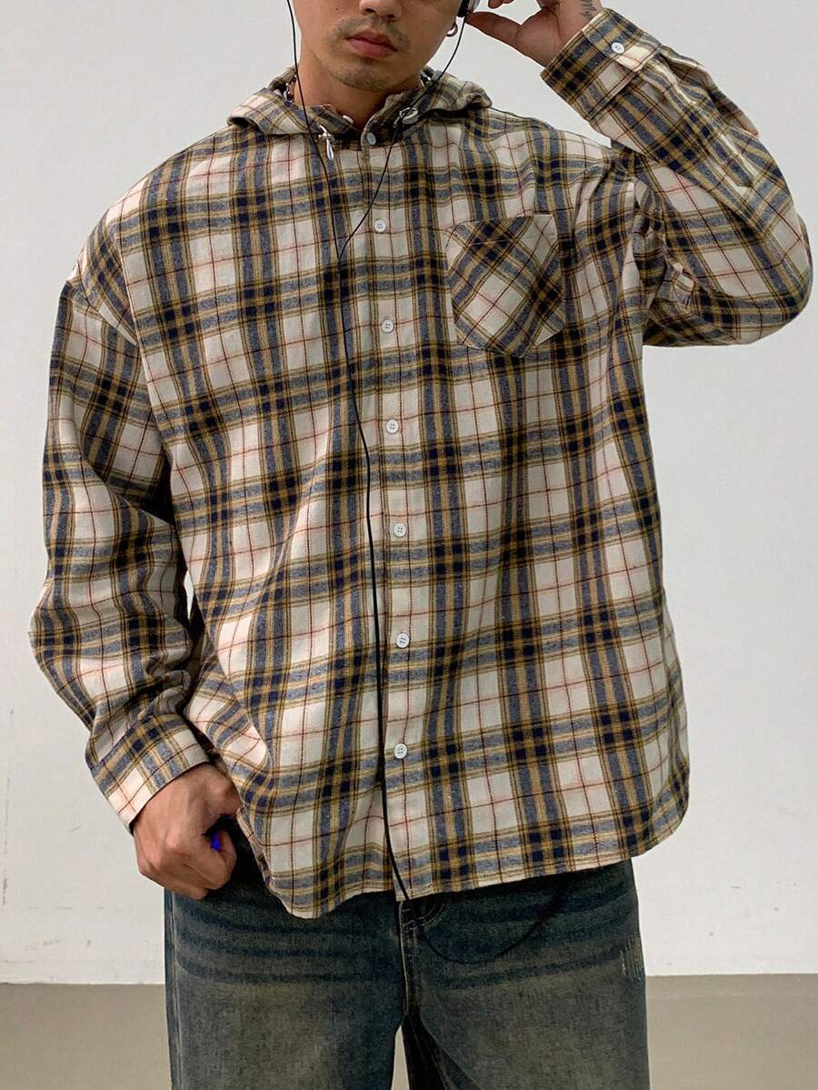 DAZY 男士落肩长袖口袋宽松休闲格子宽松衬衫，秋季 - 黃色 - 查看 1