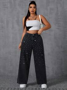 SHEIN ICON Quần Jeans Ống Rộng Đính Đá Rhinestone Size Lớn Cho Nữ - màu đen - Xem 6
