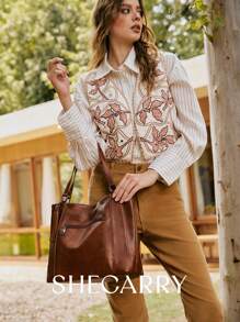 SHECARRY Bolsa de tela multifuncional de moda, bolsa para ir al trabajo - Marrón - Ver 5