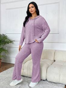 SHEIN EZwear 2 件/套大码女式休闲连帽运动衫和喇叭裤 - 紫丁香色 - 查看 3