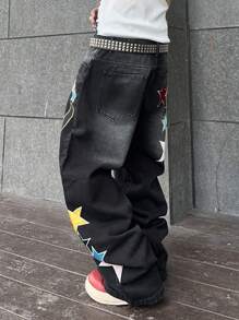 Manfinity EMRG 男士休闲牛仔裤，带口袋星星印花，图案长款宽松星星黑色深色洗水牛仔裤，洗水工装牛仔裤，适合丈夫、男朋友的礼物 - 黑色 - 查看 7