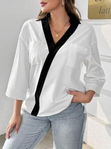 SHEIN Essnce Blusa de manga larga elegante de trabajo de moda casual de otoño nueva para mujer de talla grande, camisa blanca de manga larga con botones - Blanco - Ver 4