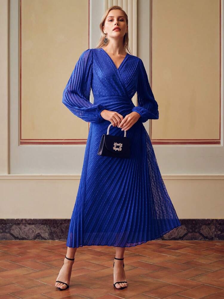 ZEYLAH SOLID SWISS DOT SURPLICE NECK LANTERN SLEEVE PLEATED DRESS
