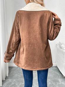 Chiquease 撞色拼布口袋纽扣羊毛厚夹克 - 棕色 - 查看 2