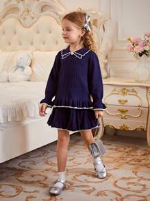 SHEIN 年轻女孩毛衣套装，可爱公主风格长袖荷叶边连衣裙，带蝴蝶结装饰，适合秋冬季日常穿着和旅行 - 藏蓝色 - 查看 8