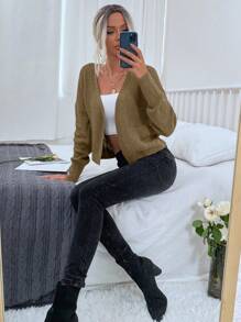 Chiquease Women's Loose Fit Solid Color Drop Shoulder Long Sleeve Cardigan, Autumn/Winter - Khaki - View 5