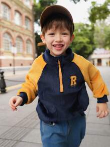SHEIN 1pc Young Boy Korean Style Casual Sporty Chic Plush Windbreaker Jacket, Stand Collar Half-Zip, Ribbed Cuffs, Contrast Color Applique Letter Embroidery Design, Suitable For Schooling, Outdoor Sports, Streetwear, Autumn/Winter Season