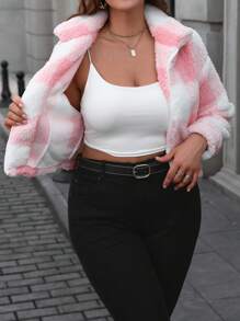 Calvaya 大码短款格子印花拉链羊毛夹克 - 粉色 - 查看 6