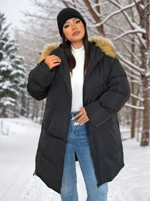 SHEIN EZwear 加大码连帽厚冬季外套，带毛边，中长款，宽松版型 - 黑色 - 查看 3