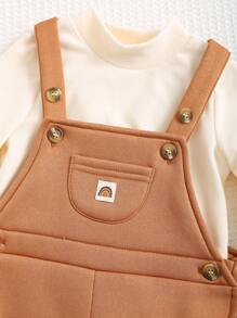 Cozy Pixies 2pcs Baby Boy Letter Pattern Knit Soft Crew Neck Long Sleeve Pullover Top And Suspender Pants Set - Khaki - View 8
