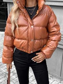 SHEIN LUNE Chaqueta acolchada de dama marrón gruesa y cálida de invierno