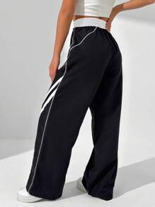 StreetHx Women's Casual Elastic Waist Contrast Piping Loose Wide Leg Pants