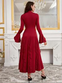 Modelyn Vestido largo de noche elegante con cuello de lazo, mangas largas acampanadas, dobladillo con volantes y cintura ajustada en línea A - Rojo - Ver 2