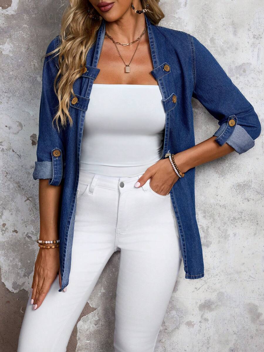 SHEIN LUNE Women's Button Decorated Roll-Up Sleeve Loose Casual Open Front Denim Jacket, Spring Autumn - Blue - View 1
