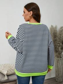 SHEIN LUNE Neon Green Contrast Stripe Comfortable Sporty Casual Sweatshirt Top, Made Of  Fabric, Plus Size Winter Fall Autumn - Multicolor - View 2
