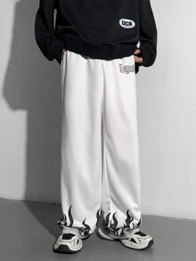SHEIN 青少年男孩休闲火焰与英文图案印花白色锥形运动裤，适合秋季、冬季、保暖、学院、休闲、运动装、生日派对、郊游、百搭、简约、保暖内衬 - 白色 - 查看 5