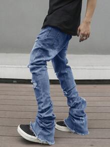 Manfinity LEGND Men's Street Style Ripped Raw Edge Jeans - Medium Wash - View 2