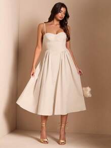 SHEIN BAE Elegant Women Spaghetti Strap Long Puffy Dress, Fall Party & Club Wear,Summer Dresses For Women,Tea Party Dress,Valentine's Day,Valentine Outfits For Women - Apricot - View 6