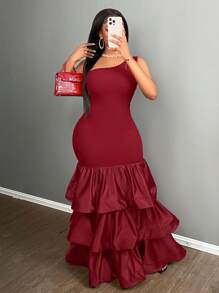 Slaydiva Women's Elegant Stretch Knit Plain Multi-Layered Hem One Shoulder Bodycon Dress - Burgundy - View 4