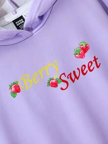 Strawberry Shortcake X SHEIN Tween Girl 卡通猫和草莓字母印花连帽运动衫（紫色） - 紫色 - 查看 3